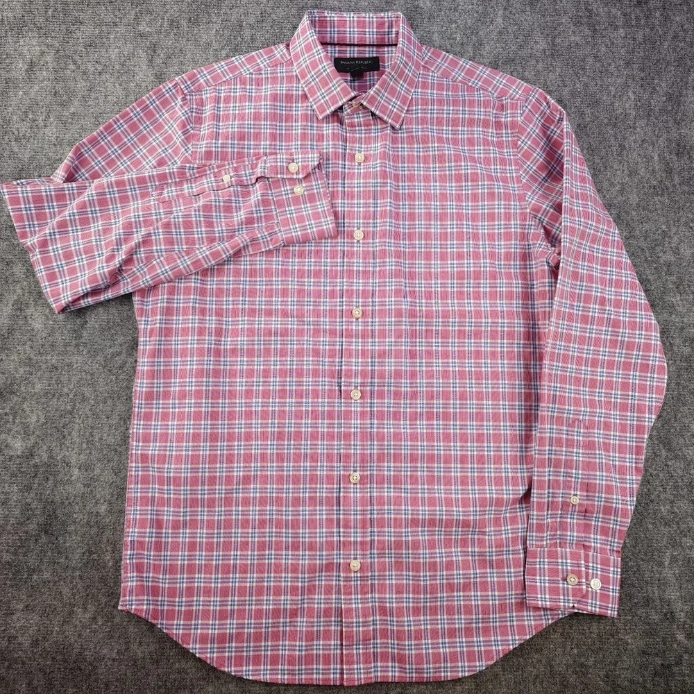 Banana Republic Shirt Mens Medium 15 15.5 33/34 Non Iron Slim Fit Red Blue Check
